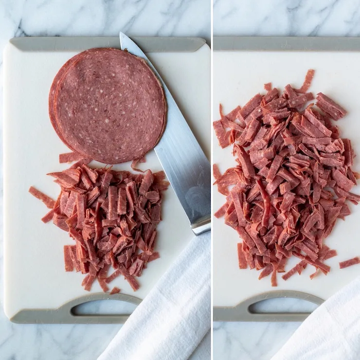 Chopping pressed beef.