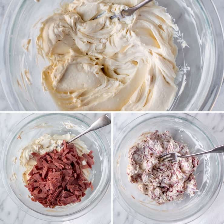 Mixing dip ingredients in bowl, process collage.