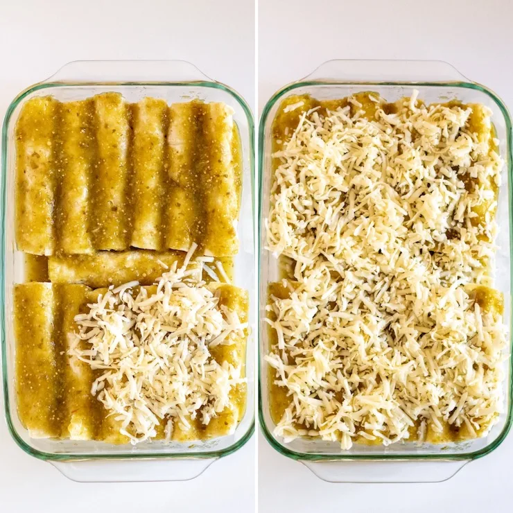 Topping enchiladas with cheese photo collage.