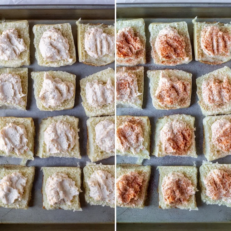 Rolls on baking tray stuffed and ready for the oven.