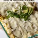 Pin for Pinterest with text, pan of baked enchiladas.