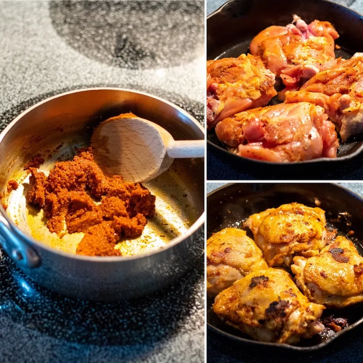 Three photo collage showing chicken browning process.
