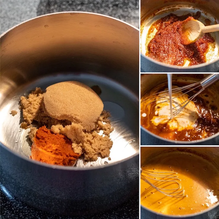 Photo collage showing step by step preparation of curry mixture.