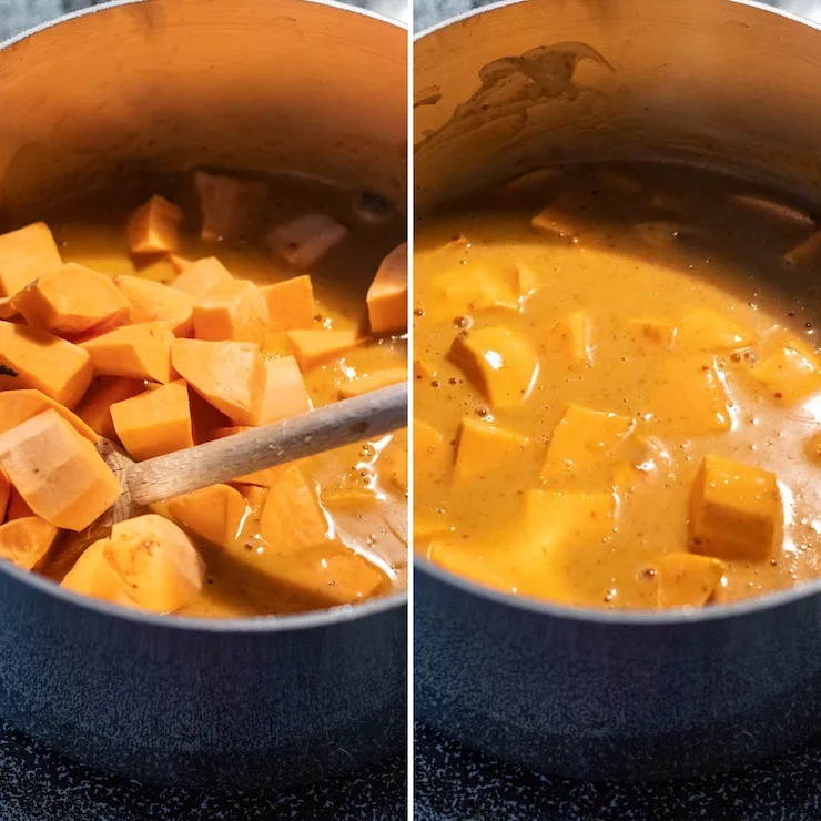 Side by side collage of adding sweet potatoes to curry mixture.