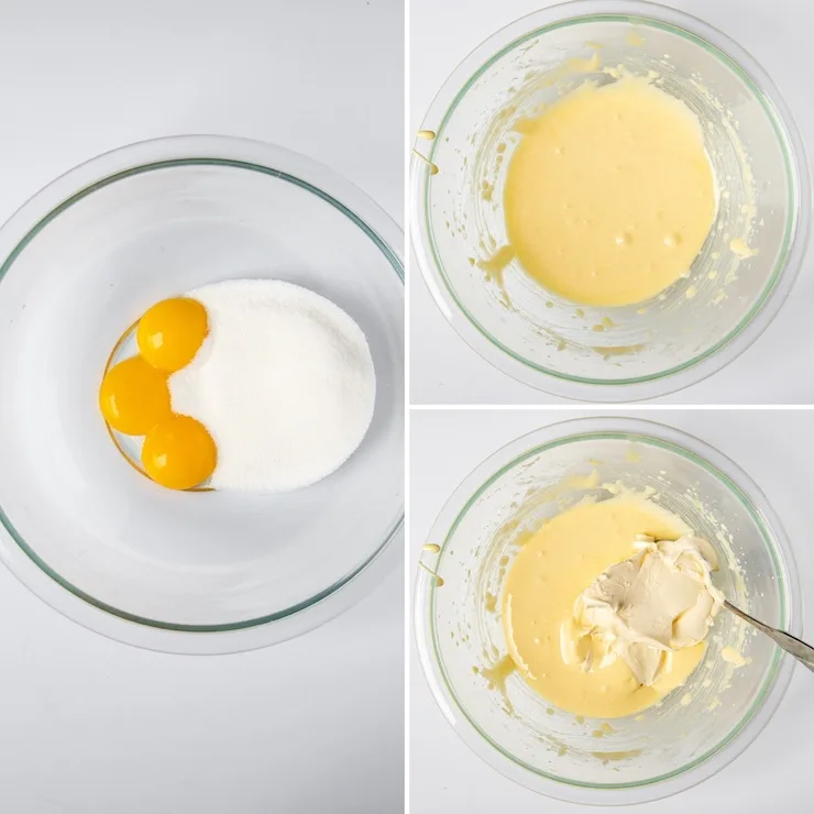 Process photo collage whipping egg yolks with sugar.