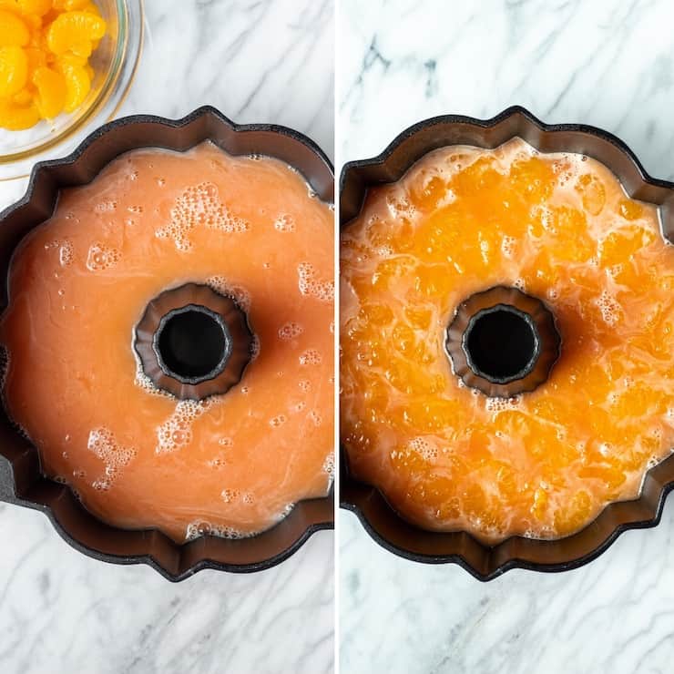 Two photo process collage, adding oranges to jello mold.