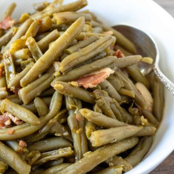 Finishe green beans in serving bowl.