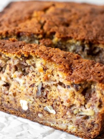 Close of of a slice of banana bread.
