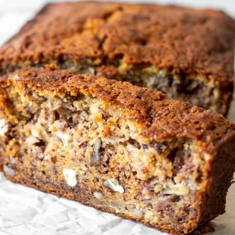 Close of of a slice of banana bread.
