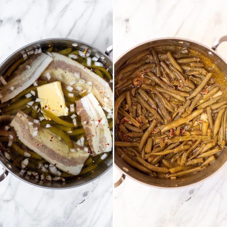 Side by side process photo collage, how to make the green beans.