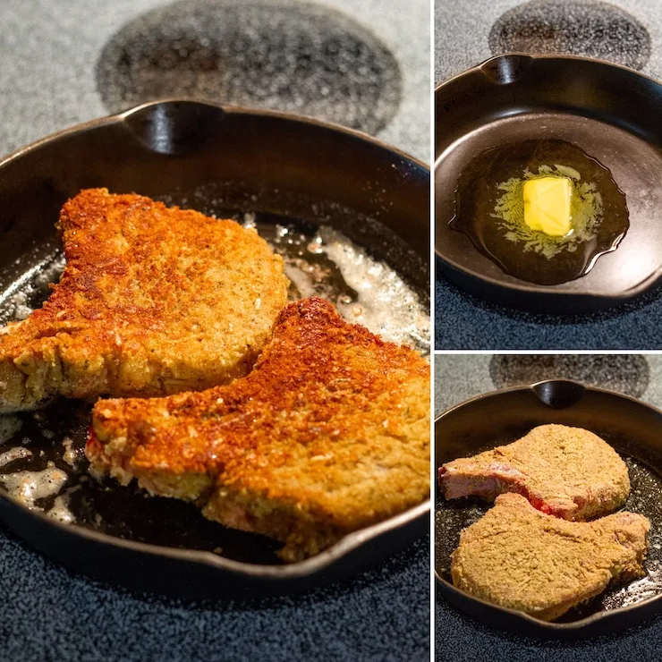 Three photo process collage showing browning in cast iron skillet.