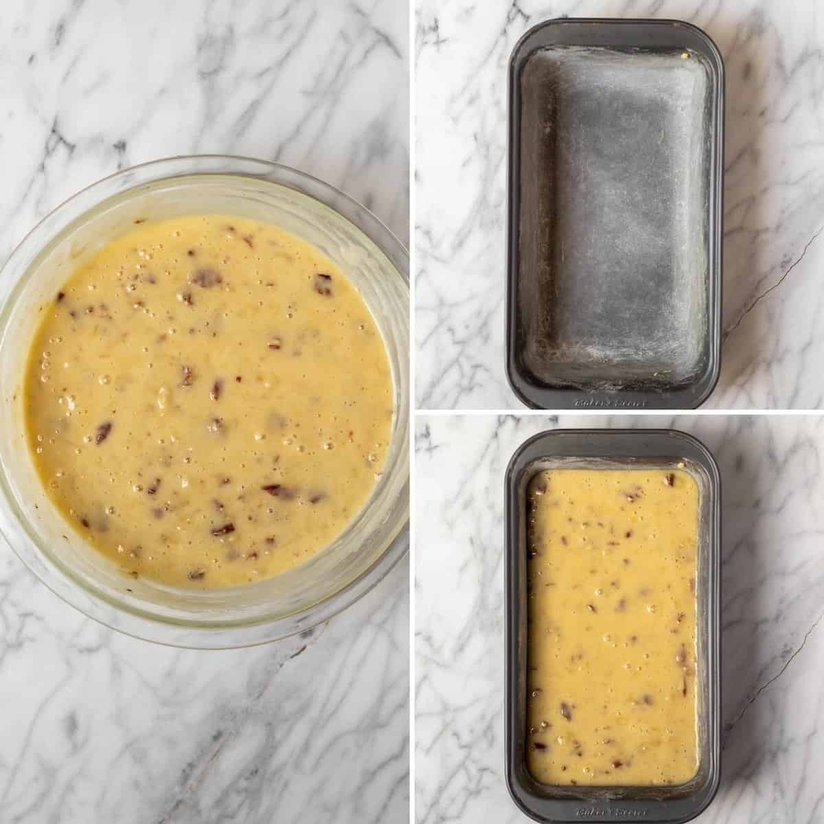 Three photo process collage of mixing batter and pouring into prepared loaf pan.
