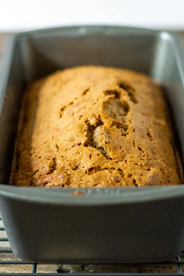 Zucchini bread baked in loaf pan.