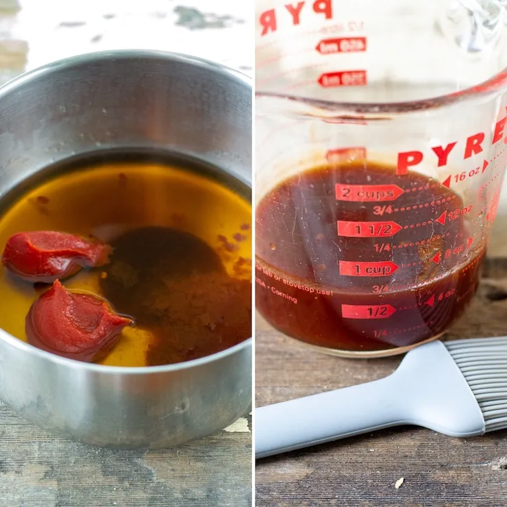Two photo collage, making maple bourbon glaze.