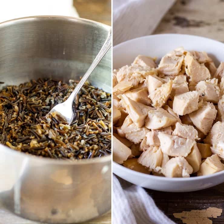 Two photo collage of cooked wild rice and cubed chicken.