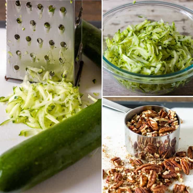 Grating zucchini and chopping nuts.