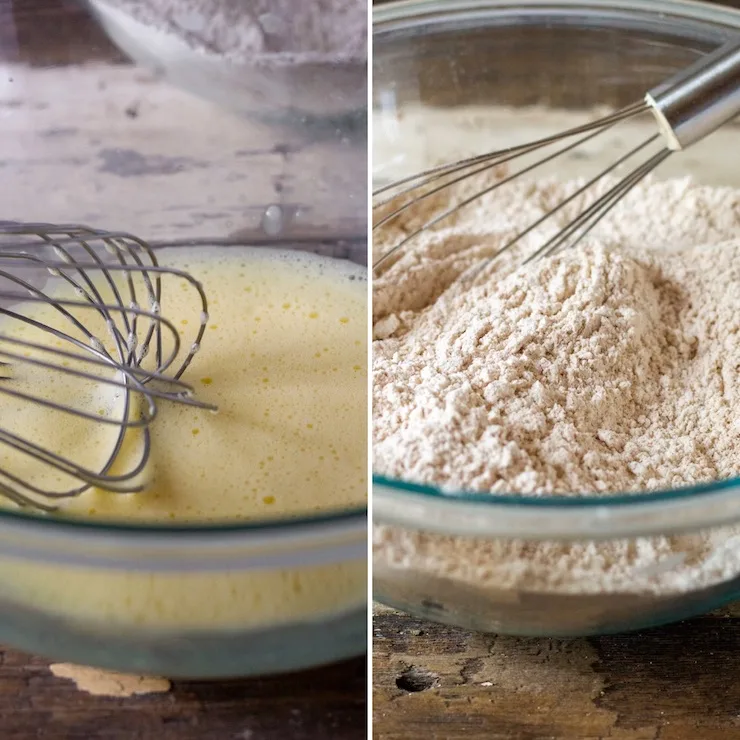 Whisking eggs and combining dry ingredients.