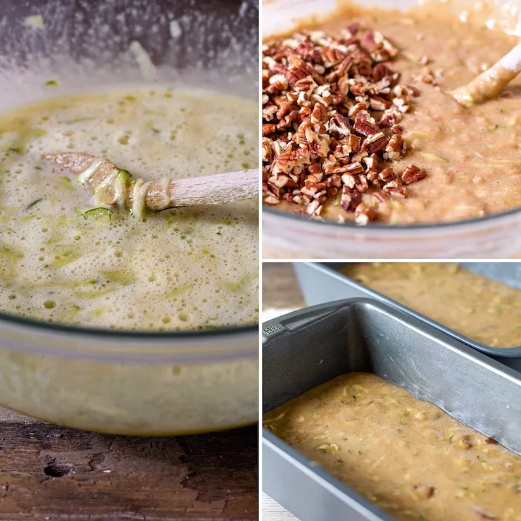 Finishing batter and pouring into pans.