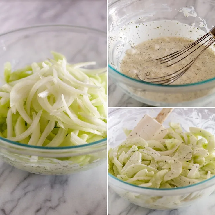 Three photo collage of preparing salad.