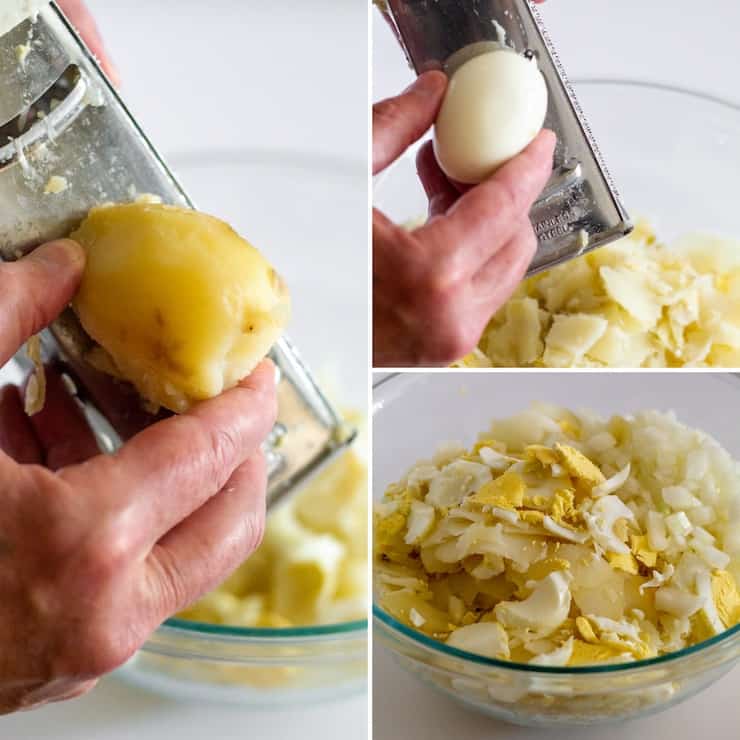 Slicing potatoes and eggs on box grater.