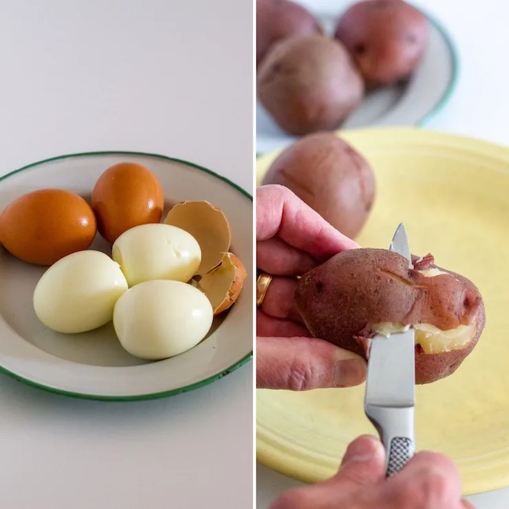 Process photo collage, peeling potatoes and eggs.