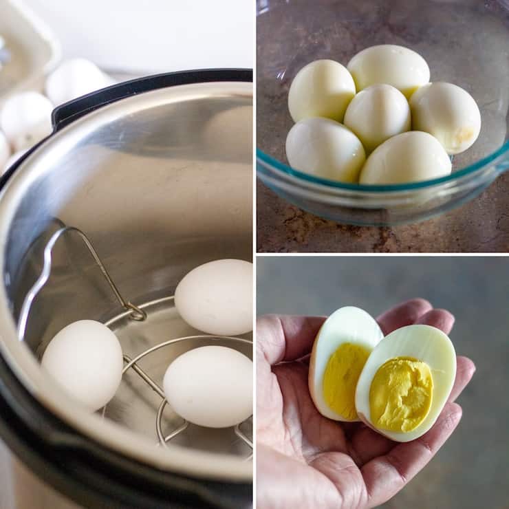 Hard boiling eggs in Instant Pot three photo process collage.