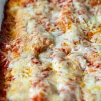 Pan of baked beef and cheese manicotti.