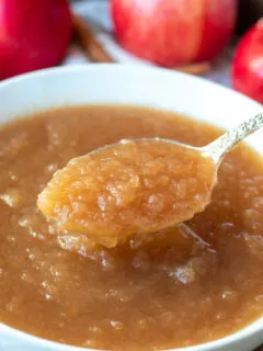 Spoonful of applesauce over white serving bowl.