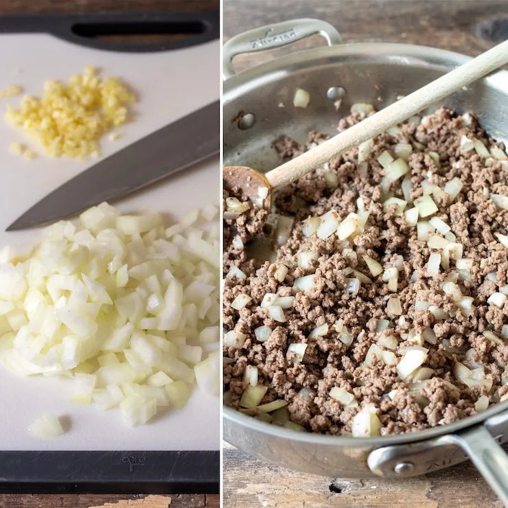 Process photo collage of preparing the meat filling, with onion and garlic.