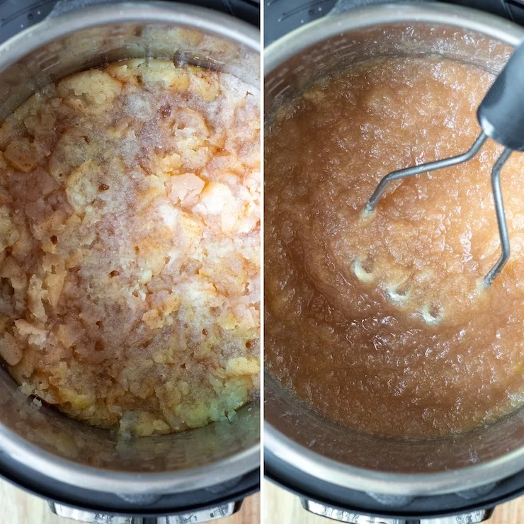 Process photo collage, mashing finished applesauce.