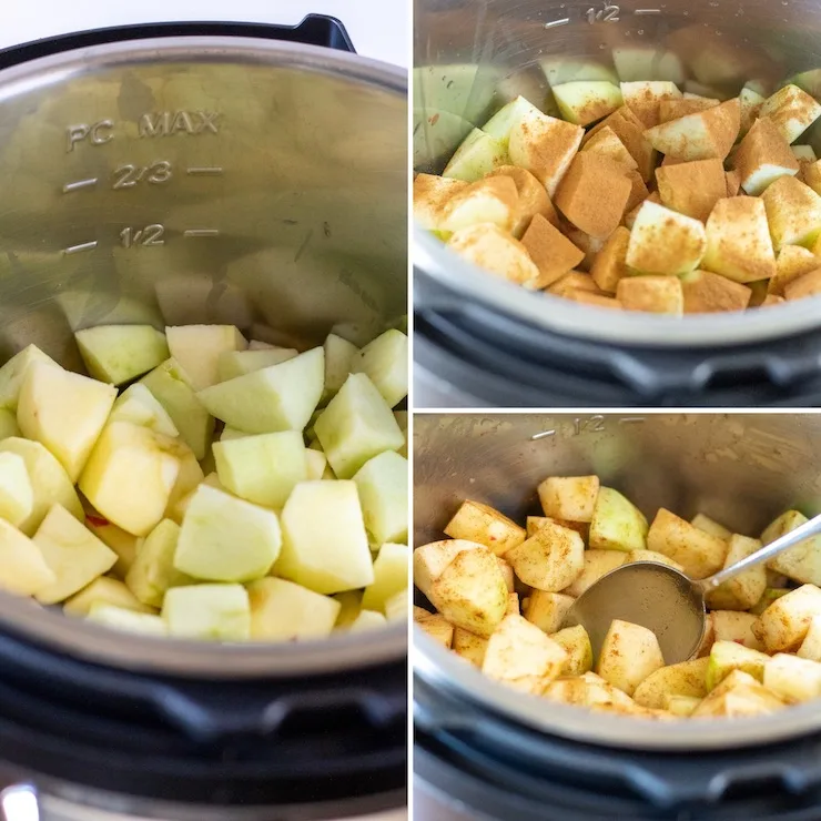 Photo collage, preparing apples and ingredients for pressure cooker.