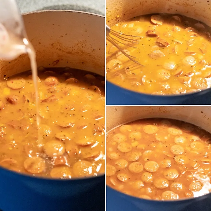 Adding chciken stock and tomato sauce, simmering in pot.