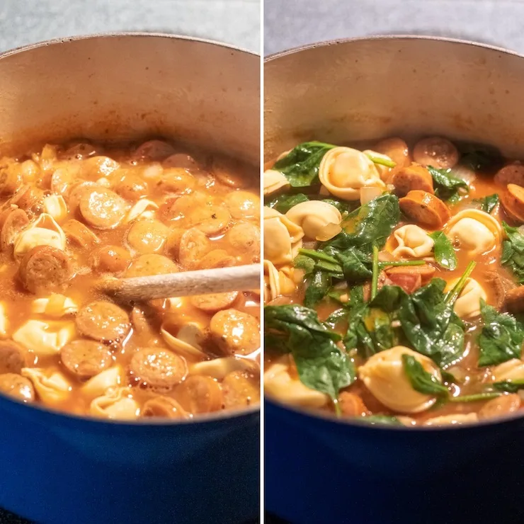 Two photo collage, adding tortellini and spinach.