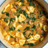 Overhead photo of pot of Cajun tortellini soup.