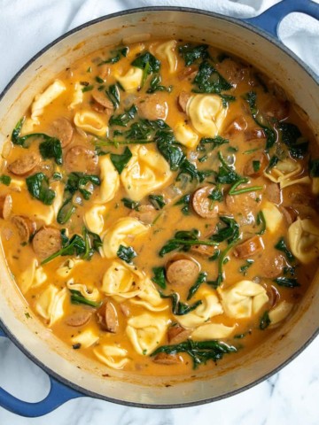 Overhead photo of pot of Cajun tortellini soup.