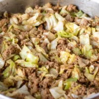 Close up of stir-fry in skillet.