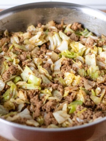 Close up of stir-fry in skillet.