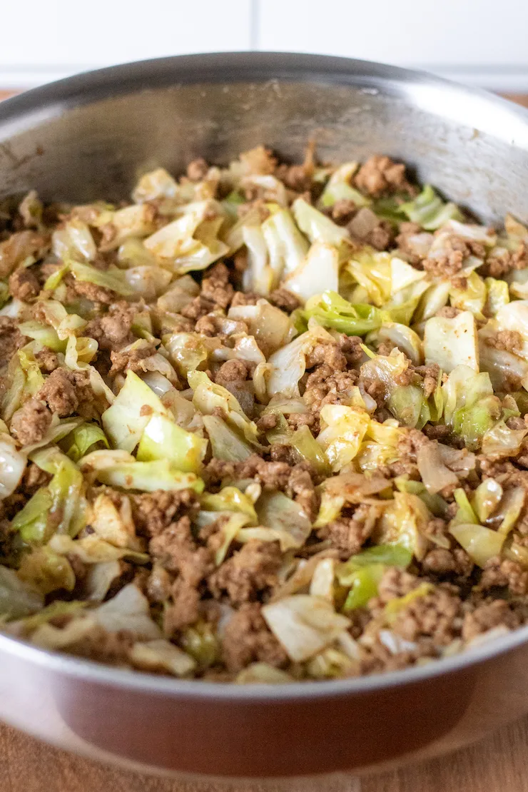 Close up of stir-fry in skillet.