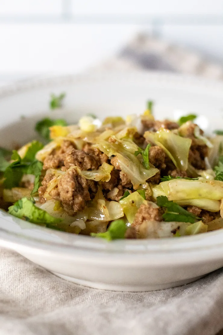 Close up of pork cabbage stir-fry in bowl.