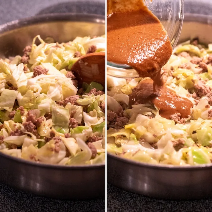 Two photo process collage, adding cabbage and sauce to skillet.