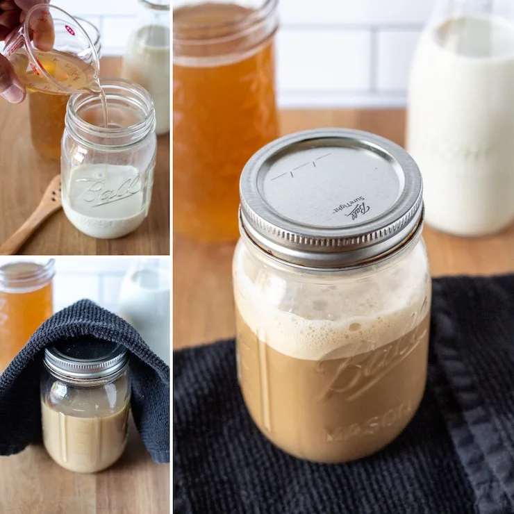 Three photo process collage, making latte in jar.