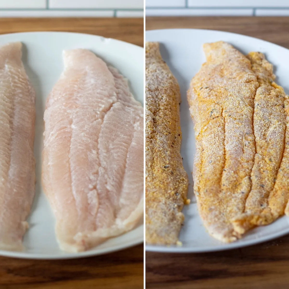 Two photo process collage, catfish fillets after buttermilk soak and then coated in cornmeal mixture.