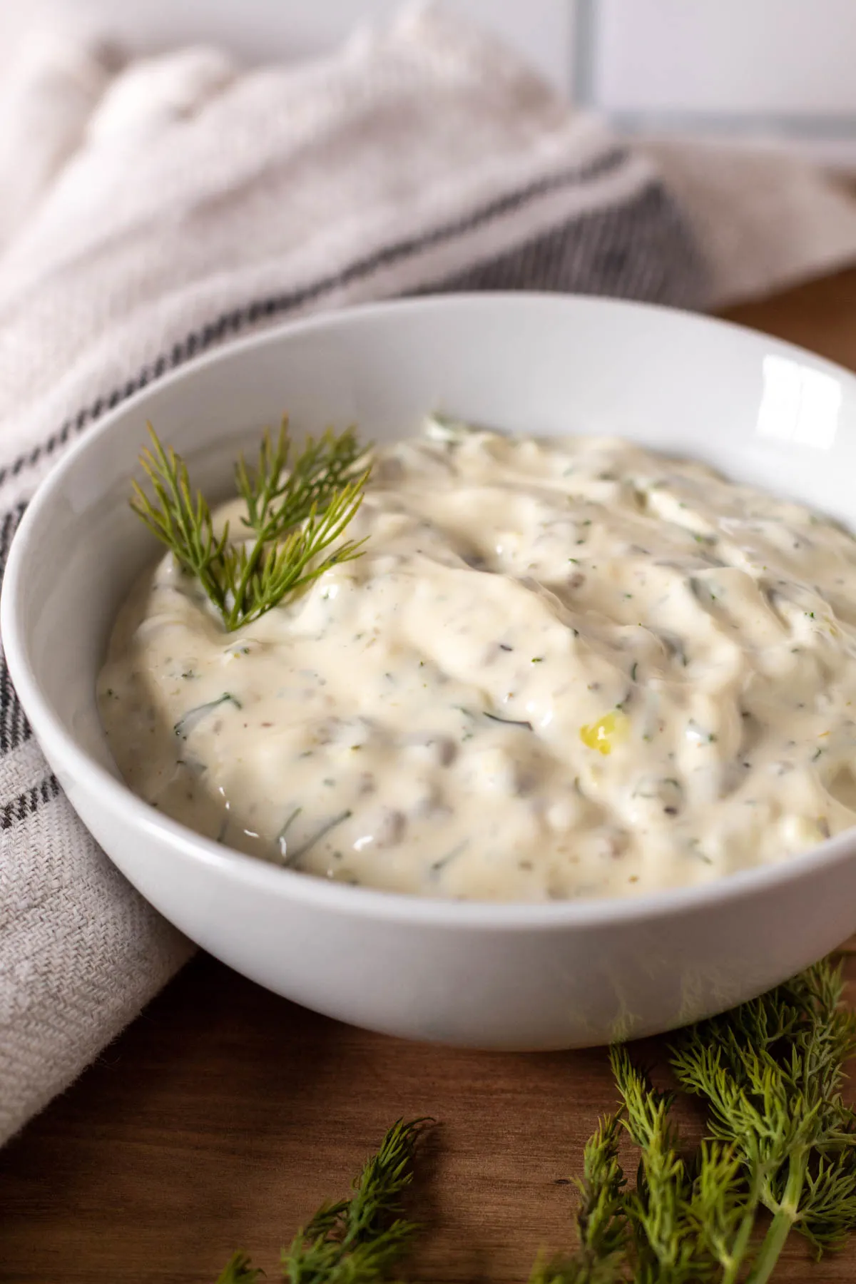 Tartar sauce in white serving bowl.