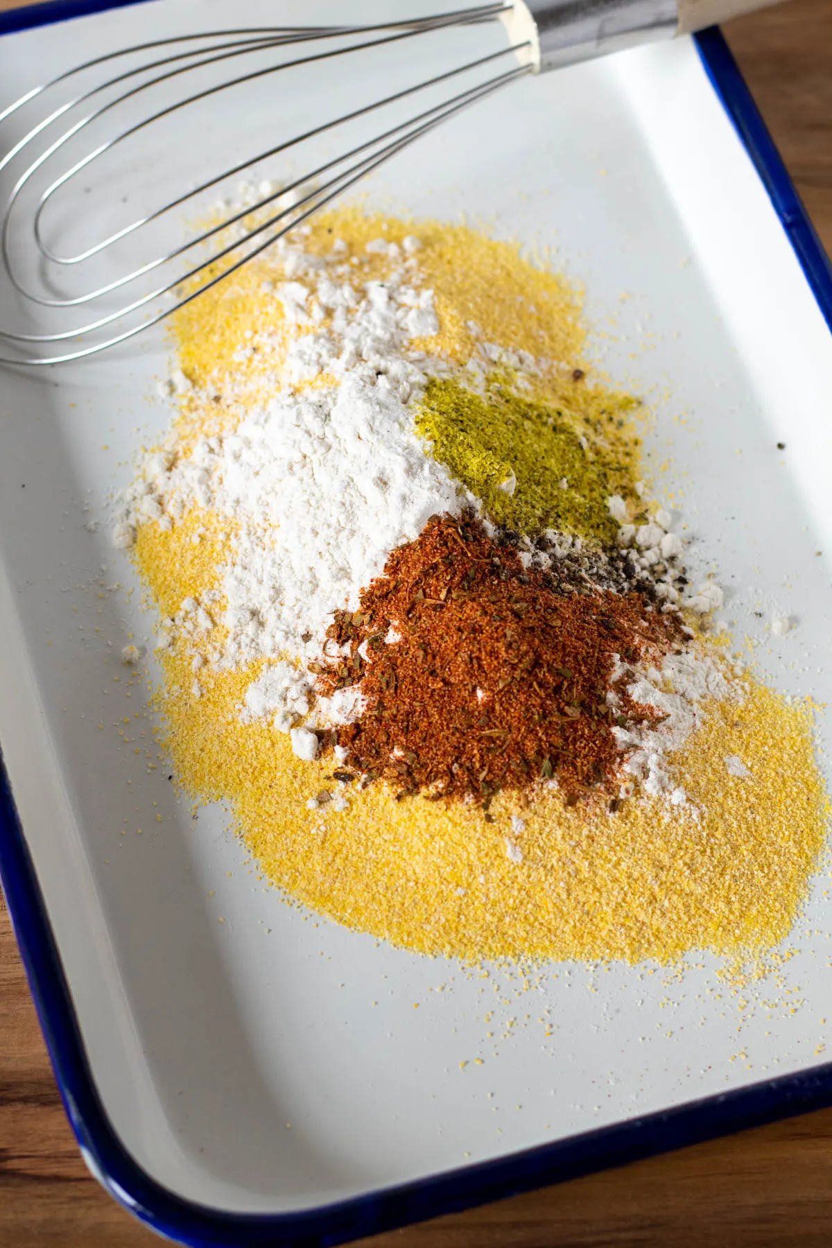 Dry ingredients in tray before mixing.