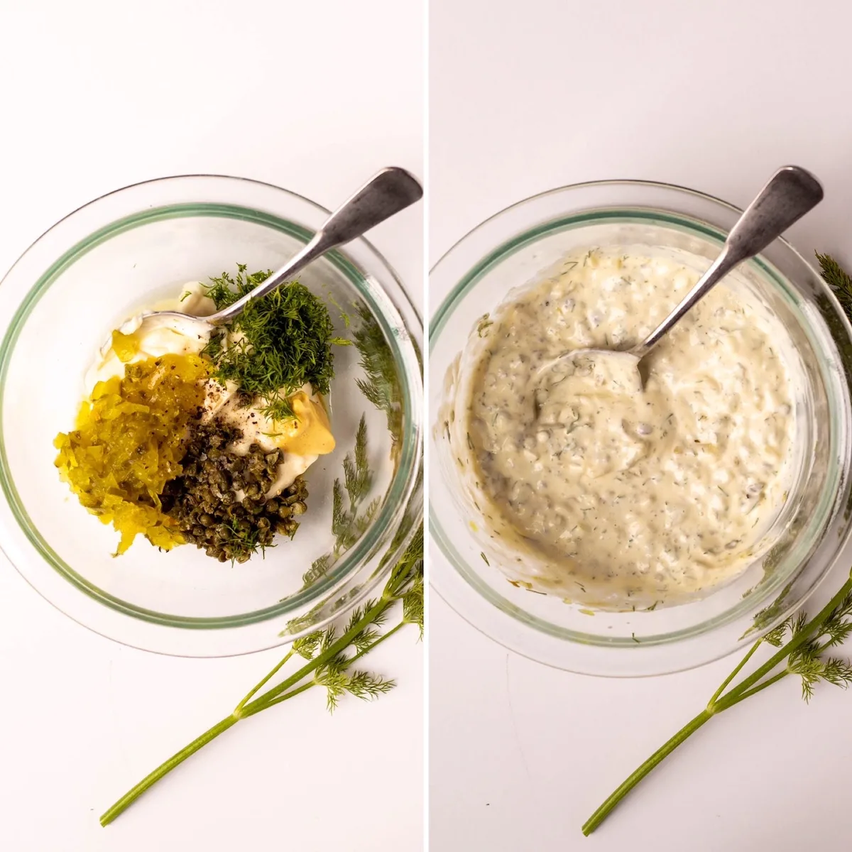 Two photo collage, mixing the sauce in bowl.