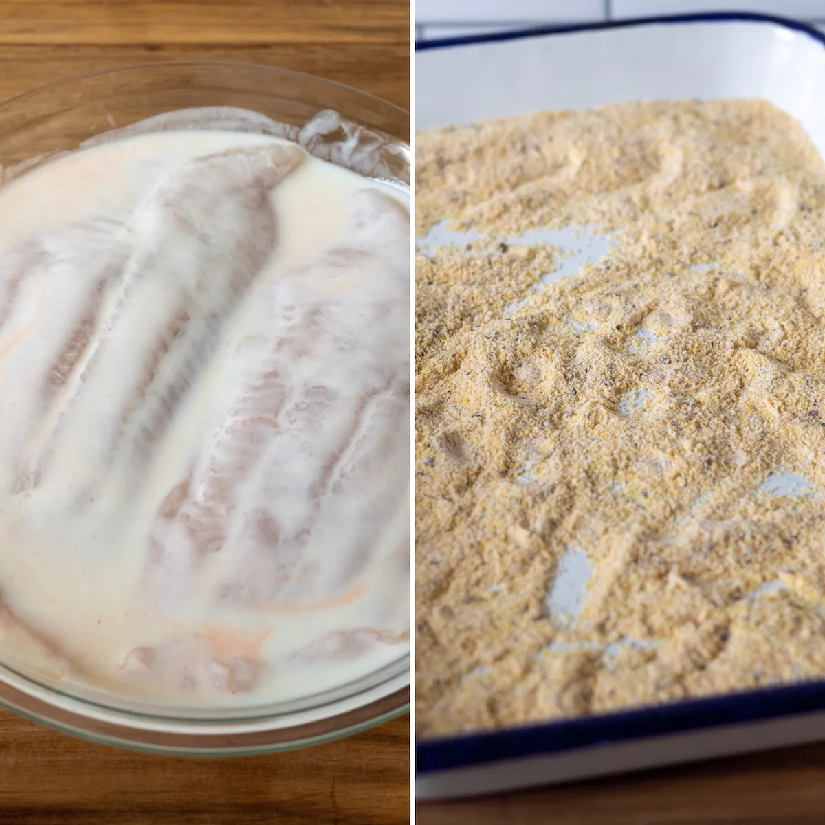 Two photo process collage, catfish soaking in buttermilk and tray of seasoned cornmeal dredge.