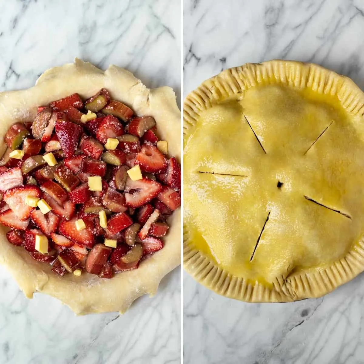 Two photo process collage, filling the pie and dotting with butter, top pie crust slit with vents and crimped.