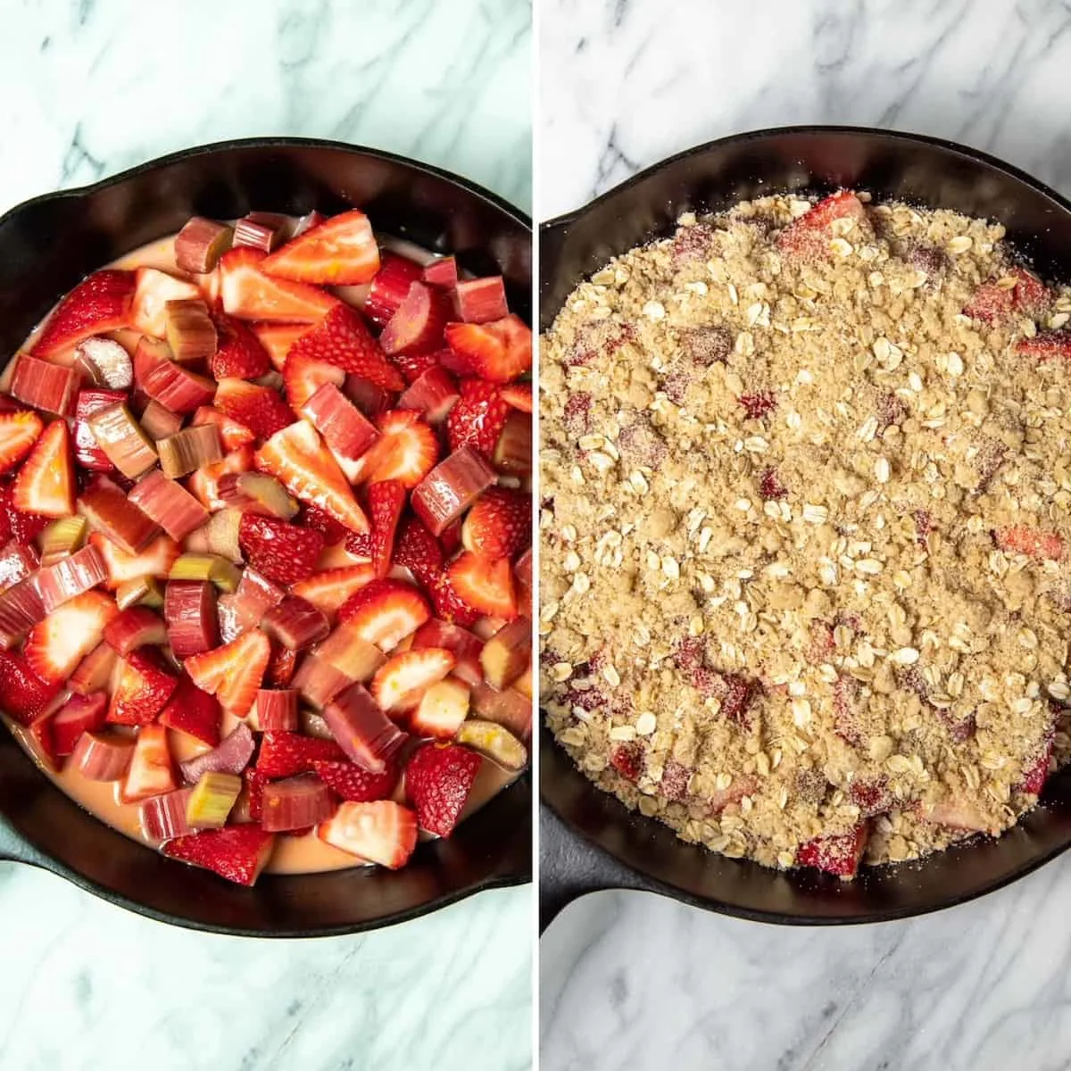 Two photo process collage, preparing fruit and topping in skillet before baking.