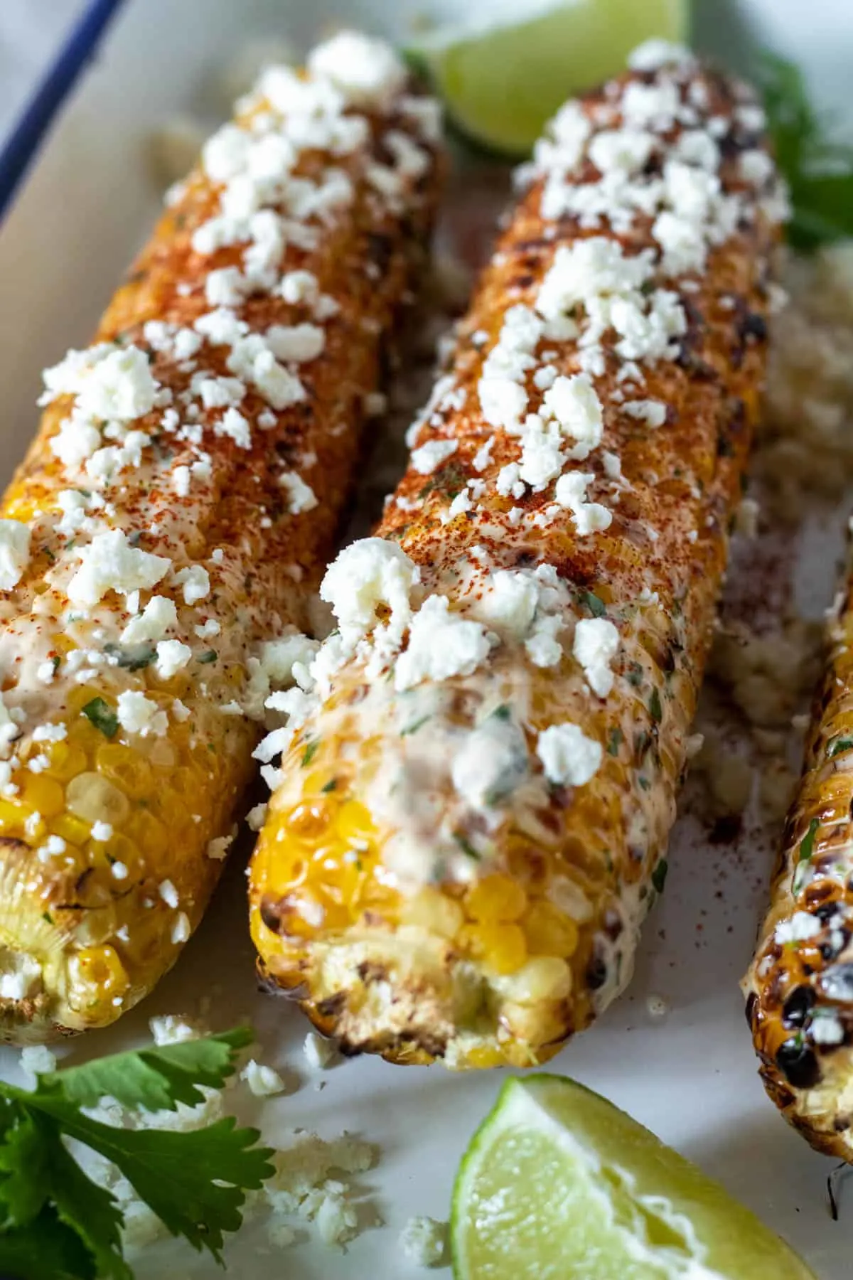 Close up of grilled Mexican street corn with crumbled cheese.