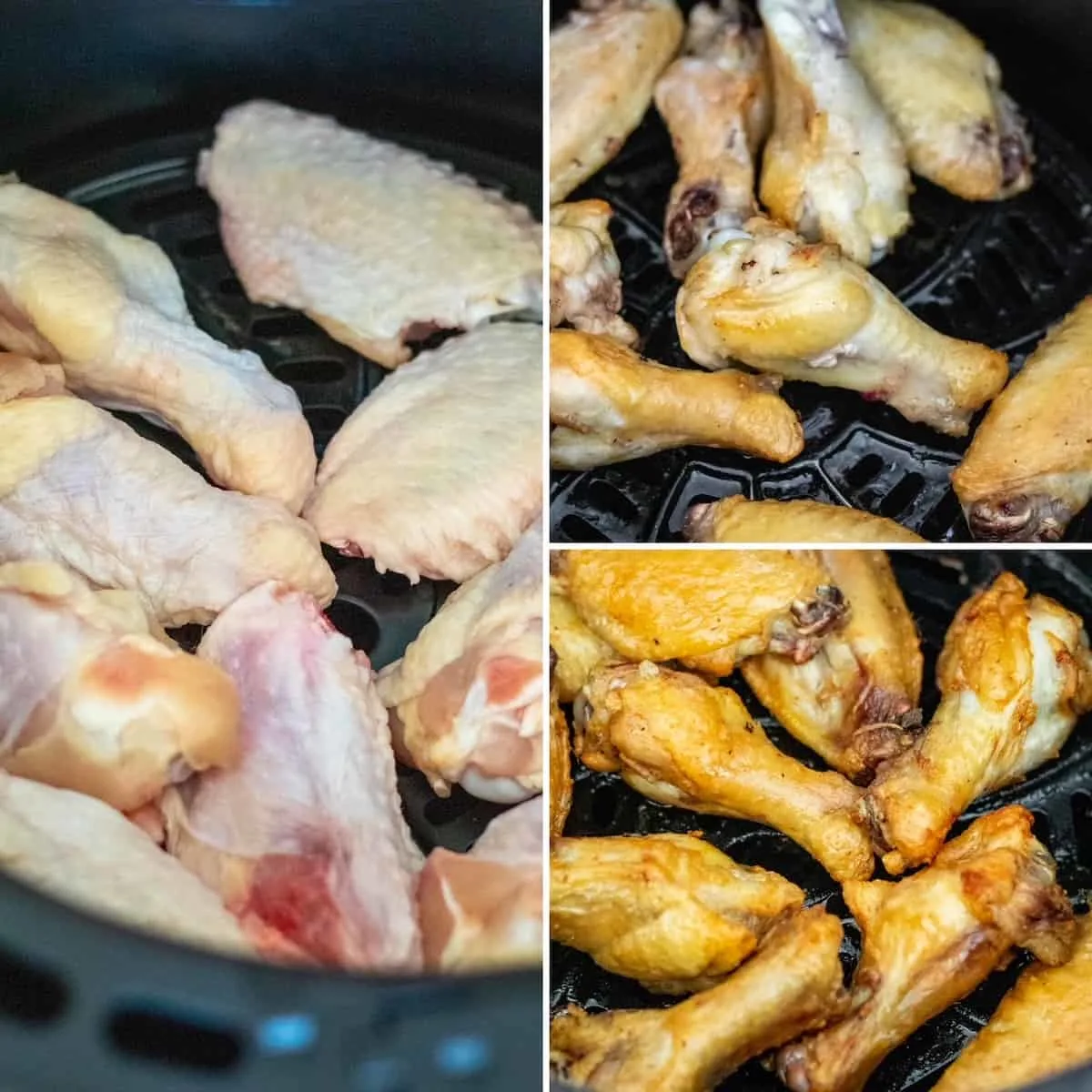 Three photo collage, wings cooking in the air fryer.